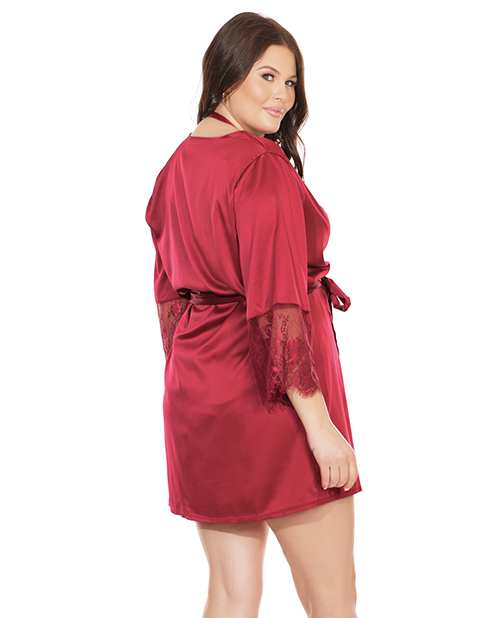 Stretch Satin Robe w/Eyelash Lace Sleeve Merlot OS/XL