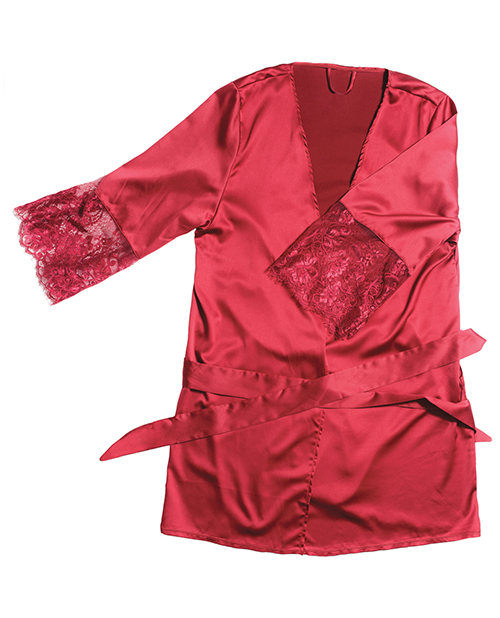 Stretch Satin Robe w/Eyelash Lace Sleeve Merlot OS/XL