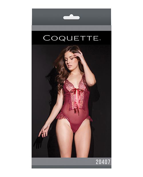 Bold Mesh & Fine Lace Crotchless Teddy Merlot O/S