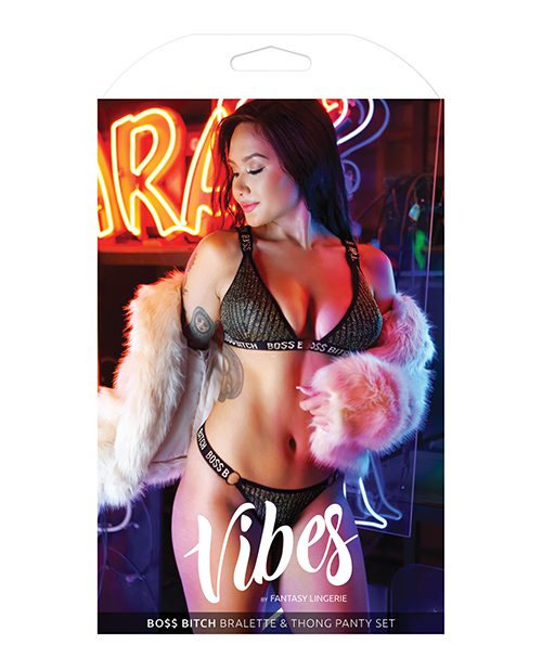 Vibes Boss Bitch Bralette & Thong Panty Black/Gold M/L