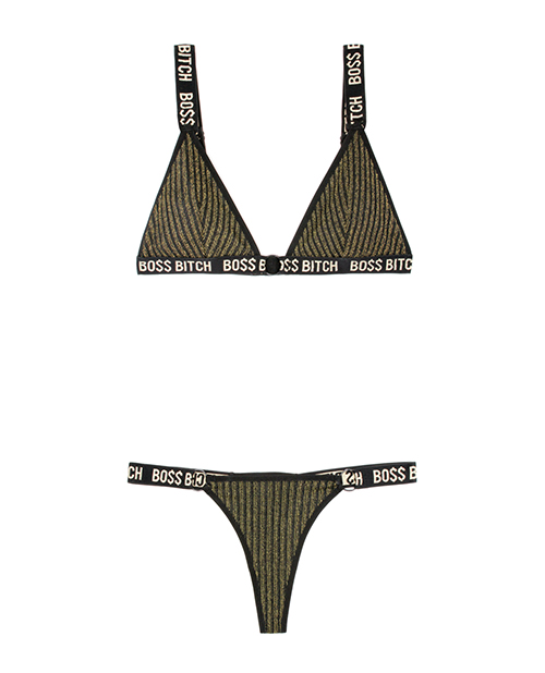Vibes Boss Bitch Bralette & Thong Panty Black/Gold S/M