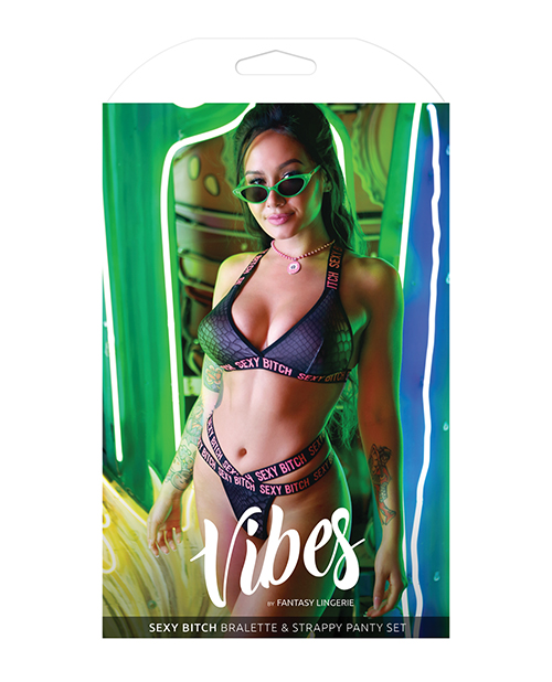 Vibes Sexy Bitch Bralette & Strappy Panty Black L/XL
