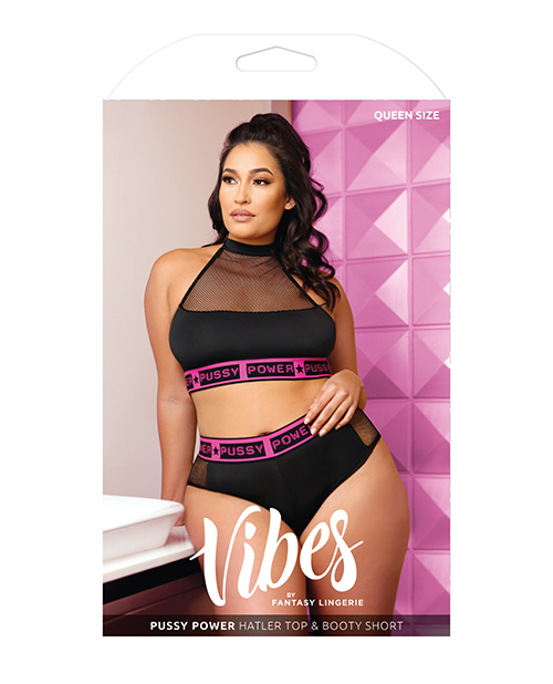 Vibes Pussy Power Micro-Net Halter Top & Booty Short Black QN