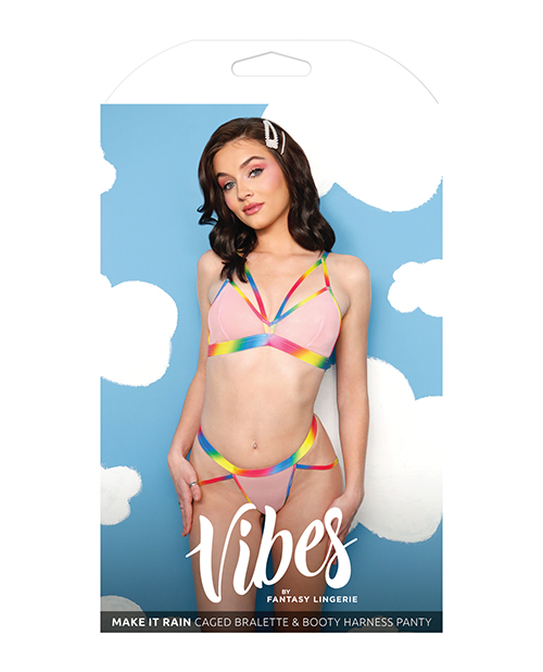 Vibes Make it Rain Caged Bralette & Panty w/Booty Rainbow S/M