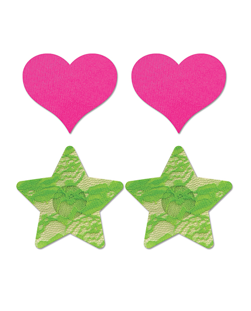 Fantasy UV Reactive Neon Heart & Lace Star Pasties - Pink & Green O/S Pack  of 2