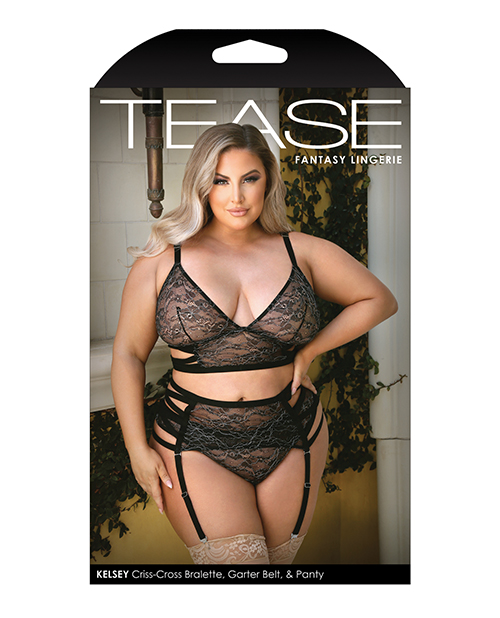 Tease Kelsey Criss Cross metallic Lace Bralette, Garterbelt & Panty Black 3X/4X