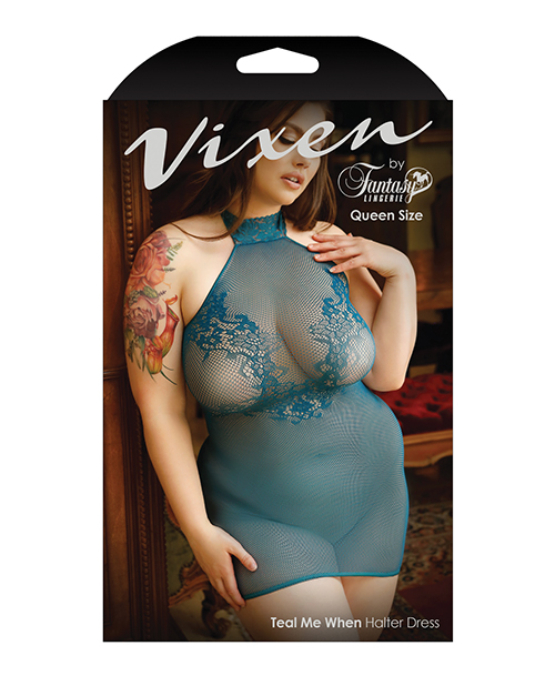 Vixen Teal Me When Halter Net Dress w/Floral Lace Design Teal QN