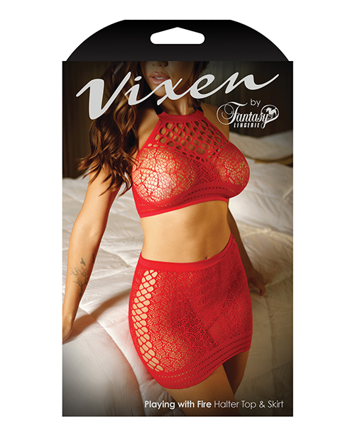 Vixen High Neck Halter Net Top & Tie Back Skirt Red O/S