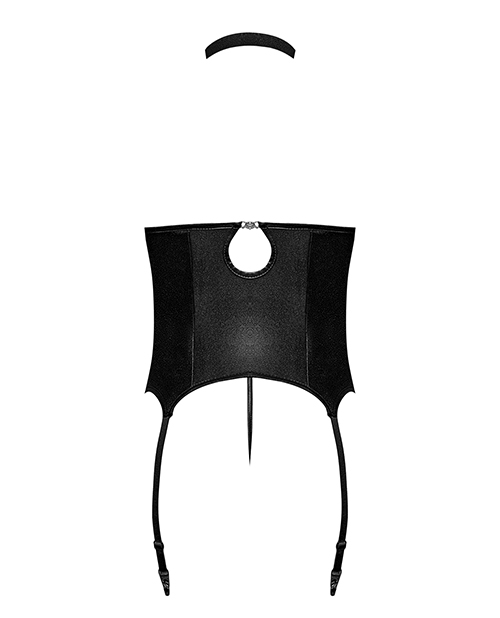 Lust Mistress Cupless Corset w/Velcro Choker Collar, Metal Garters & G-String Black L/XL