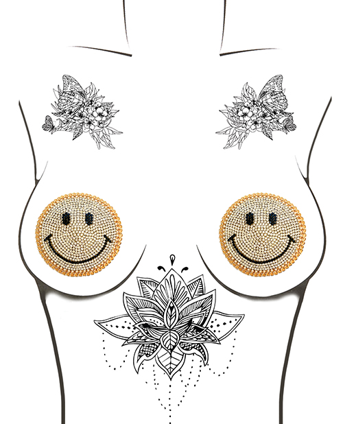 Neva Nude Burlesque Smile Face Jewel Reusable Silicone Pasties - Gold O/S