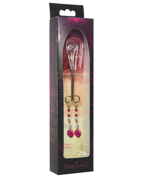 Bijoux de Nip Clit Clamp Double Loop w/Heart Charm & Fuchsia Beads