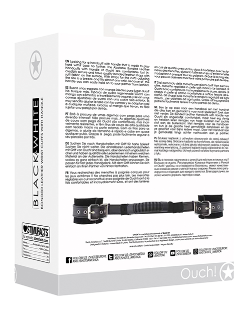 Shots Ouch Black & White Bonded Leather Hand Cuffs w/Handle - Black