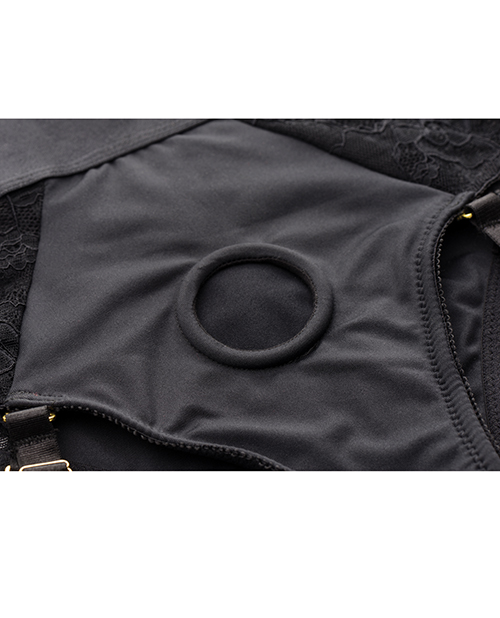 Strap U Laced Seductress Lace Crotchless Panty Harness w/Garter Straps - S/M Black